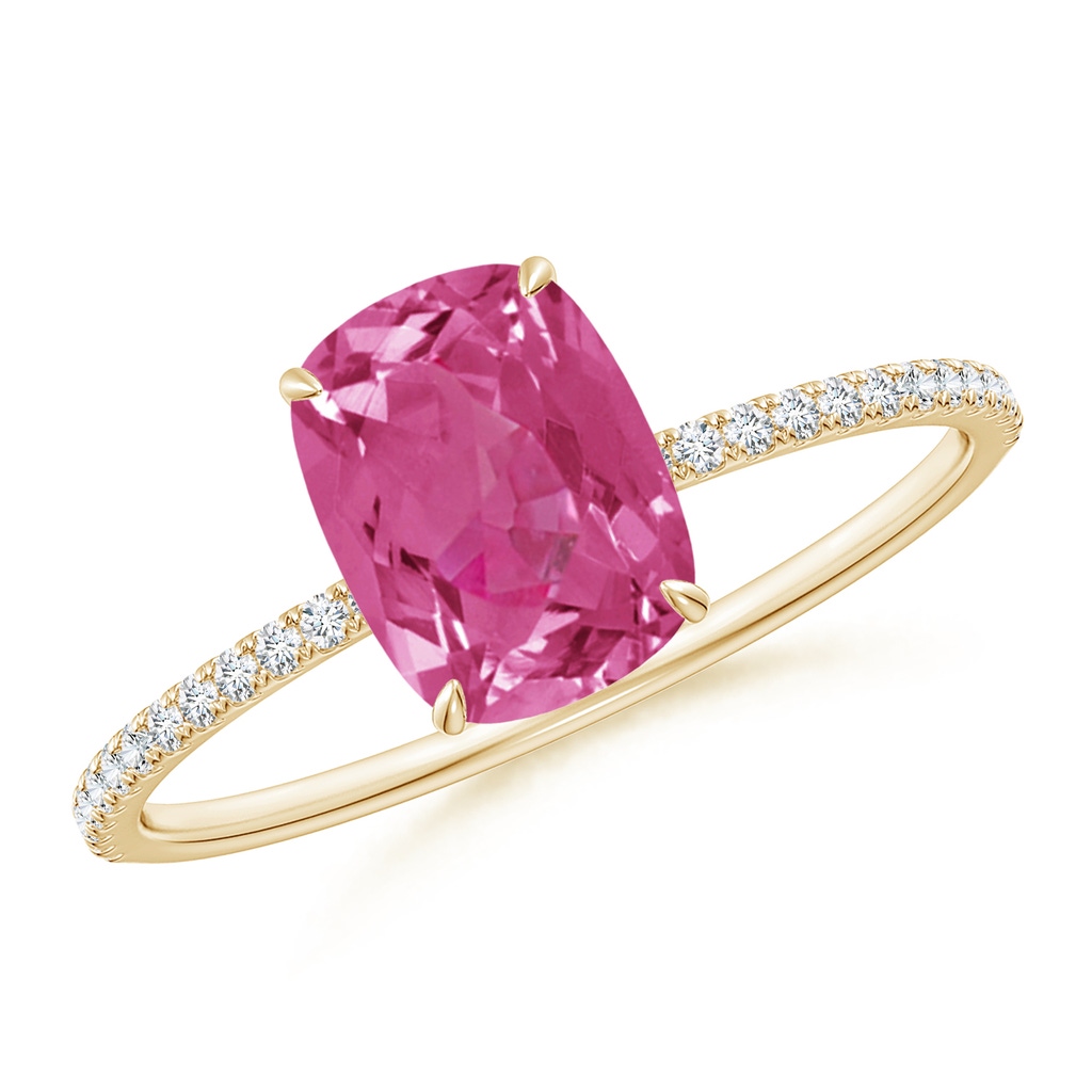 8x6mm AAAA Thin Shank Cushion Pink Sapphire Ring with Diamond Accents in Yellow Gold
