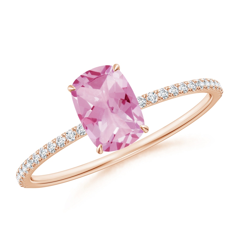 7x5mm A Thin Shank Cushion Cut Pink Tourmaline Ring With Diamond Accents in Rose Gold 