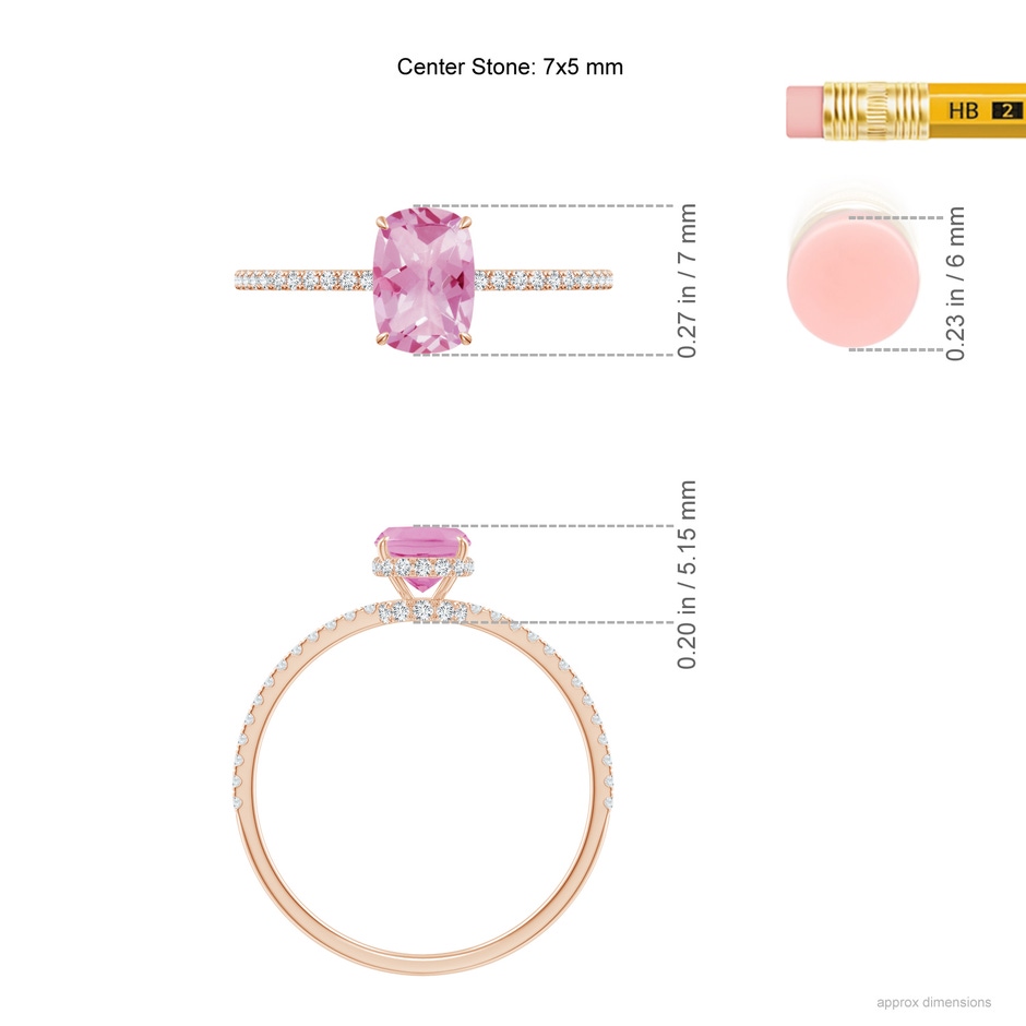 7x5mm A Thin Shank Cushion Cut Pink Tourmaline Ring With Diamond Accents in Rose Gold ruler