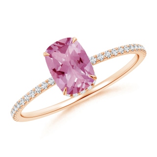 7x5mm AA Thin Shank Cushion Cut Pink Tourmaline Ring With Diamond Accents in 9K Rose Gold