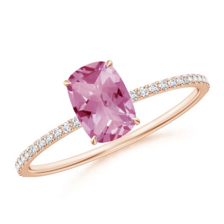 7x5mm AA Thin Shank Cushion Cut Pink Tourmaline Ring With Diamond Accents in Rose Gold