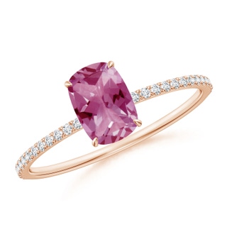 7x5mm AAA Thin Shank Cushion Cut Pink Tourmaline Ring With Diamond Accents in Rose Gold
