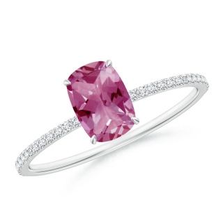 7x5mm AAA Thin Shank Cushion Cut Pink Tourmaline Ring With Diamond Accents in White Gold