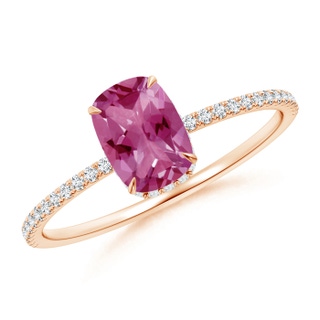 7x5mm AAAA Thin Shank Cushion Cut Pink Tourmaline Ring With Diamond Accents in 9K Rose Gold