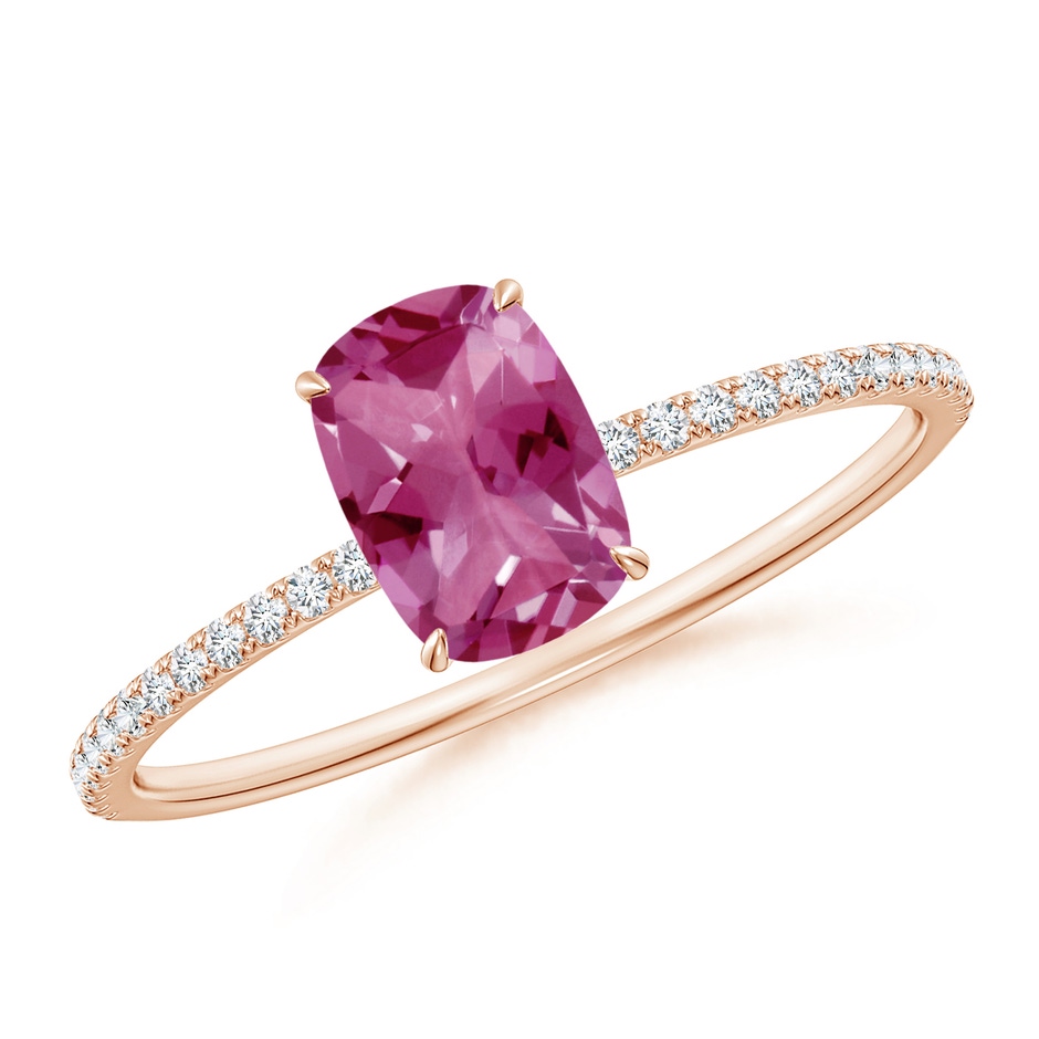 7x5mm AAAA Thin Shank Cushion Cut Pink Tourmaline Ring With Diamond Accents in Rose Gold 