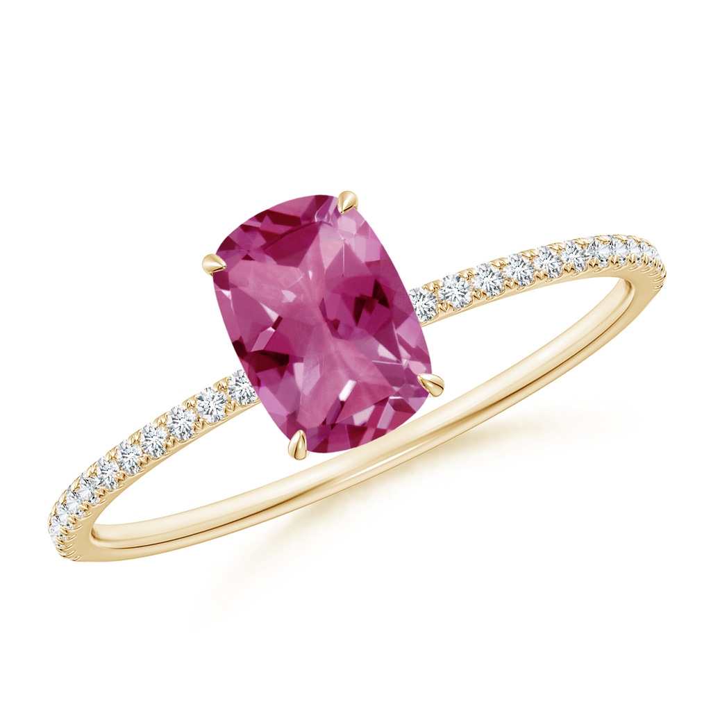 7x5mm AAAA Thin Shank Cushion Cut Pink Tourmaline Ring With Diamond Accents in Yellow Gold
