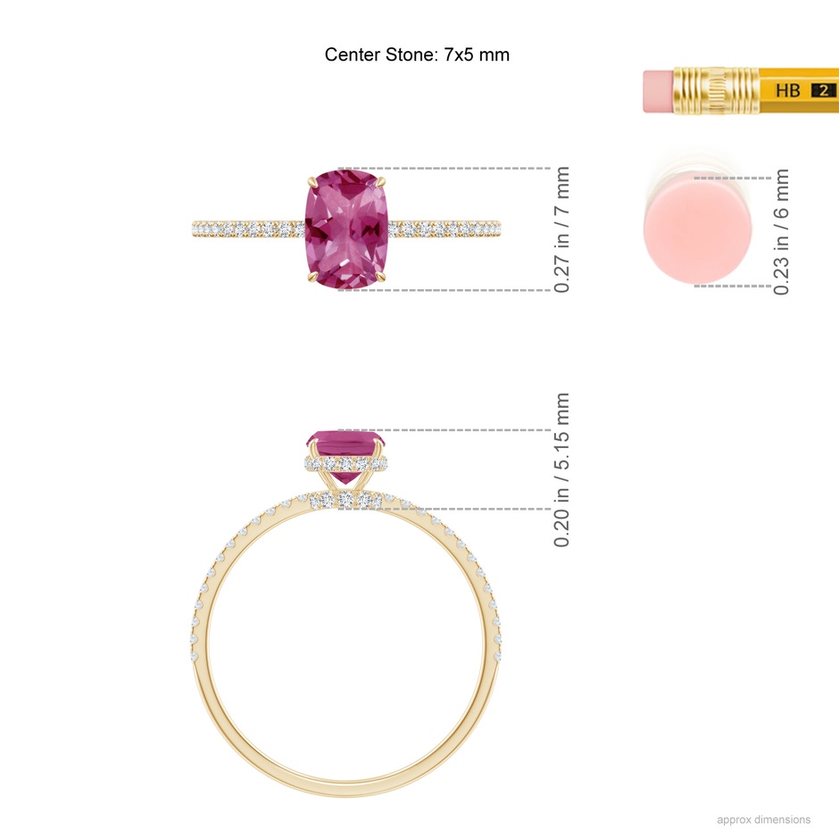 7x5mm AAAA Thin Shank Cushion Cut Pink Tourmaline Ring With Diamond Accents in Yellow Gold ruler