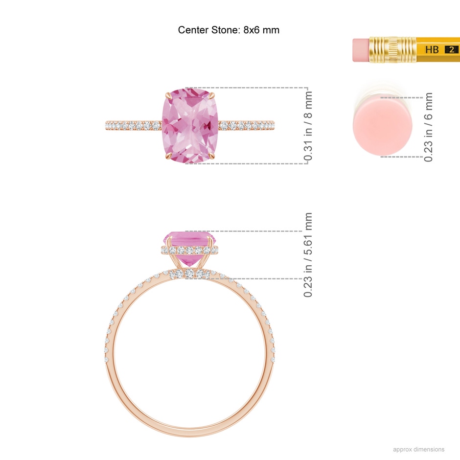 8x6mm A Thin Shank Cushion Cut Pink Tourmaline Ring With Diamond Accents in Rose Gold ruler
