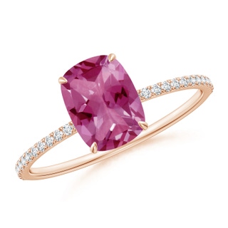 8x6mm AAAA Thin Shank Cushion Cut Pink Tourmaline Ring With Diamond Accents in 18K Rose Gold