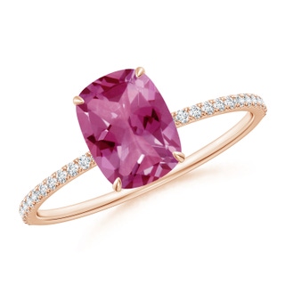 8x6mm AAAA Thin Shank Cushion Cut Pink Tourmaline Ring With Diamond Accents in Rose Gold