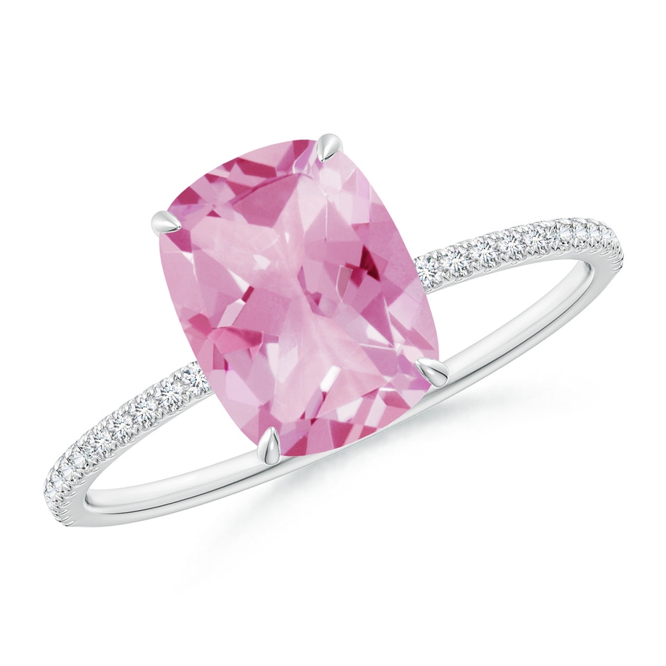 9x7mm A Thin Shank Cushion Cut Pink Tourmaline Ring With Diamond Accents in 18K White Gold 