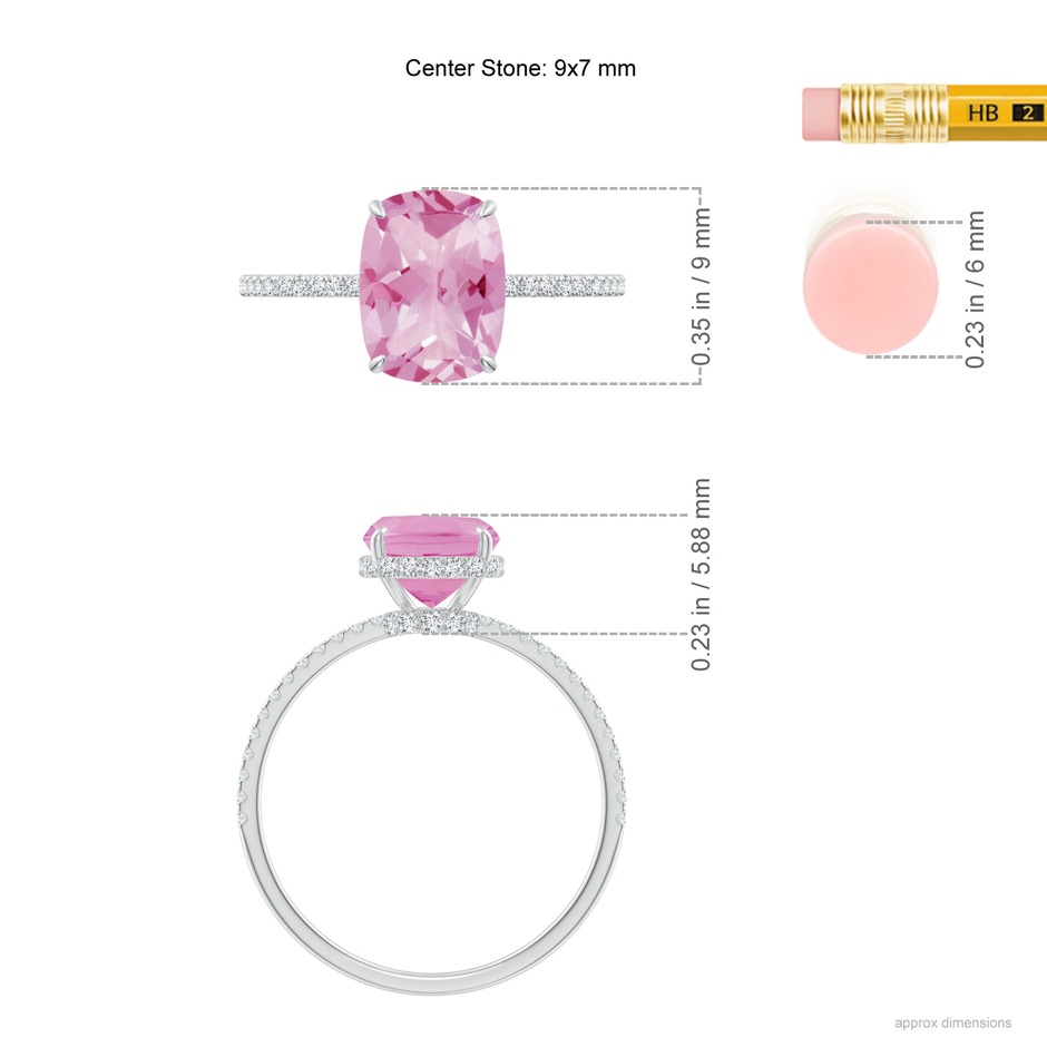 9x7mm A Thin Shank Cushion Cut Pink Tourmaline Ring With Diamond Accents in 18K White Gold ruler