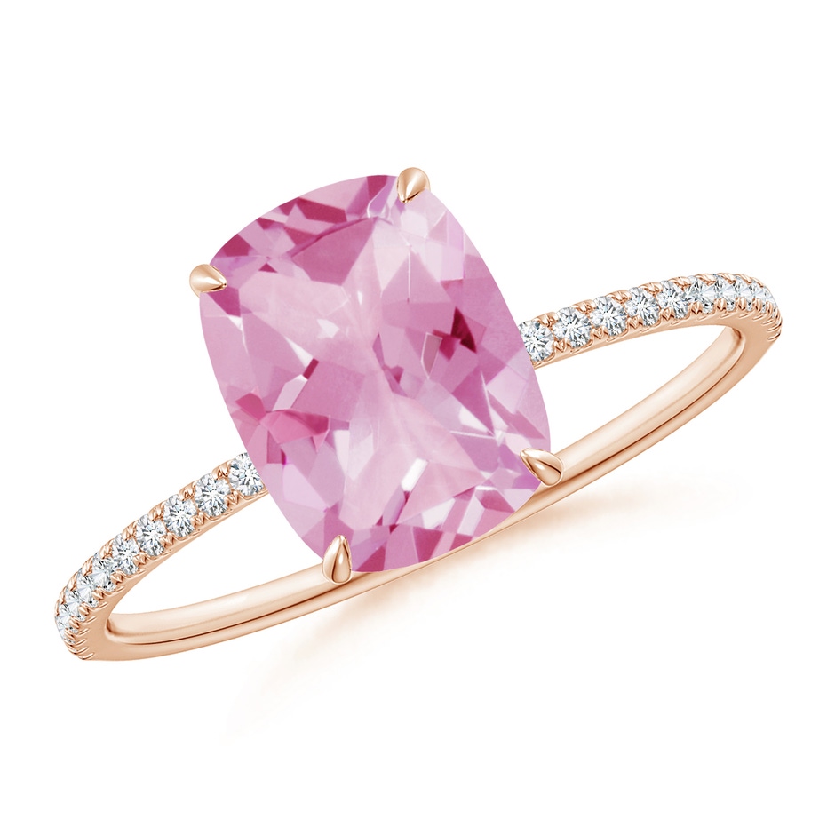 9x7mm A Thin Shank Cushion Cut Pink Tourmaline Ring With Diamond Accents in Rose Gold 