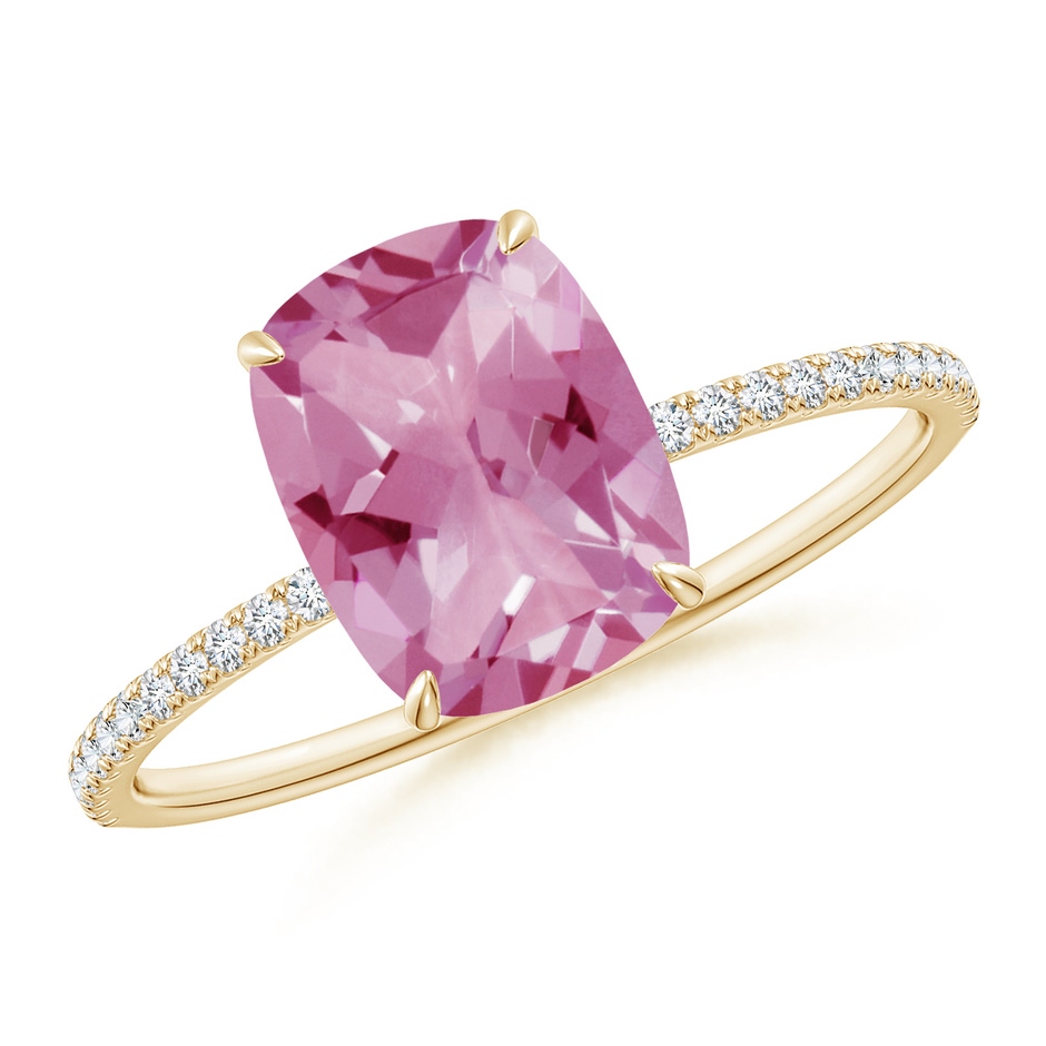 9x7mm AA Thin Shank Cushion Cut Pink Tourmaline Ring With Diamond Accents in Yellow Gold 