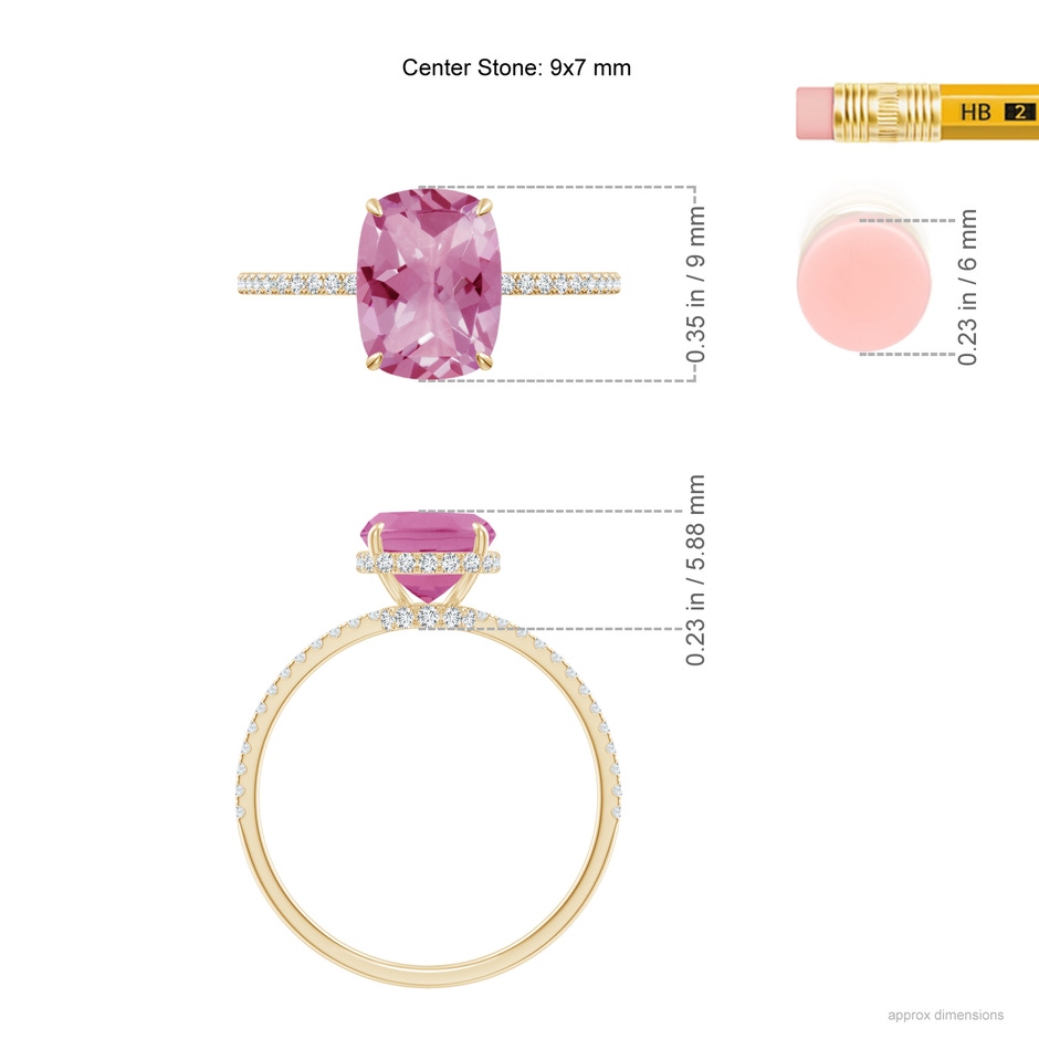 9x7mm AA Thin Shank Cushion Cut Pink Tourmaline Ring With Diamond Accents in Yellow Gold ruler