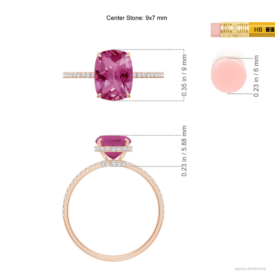 9x7mm AAAA Thin Shank Cushion Cut Pink Tourmaline Ring With Diamond Accents in 18K Rose Gold ruler