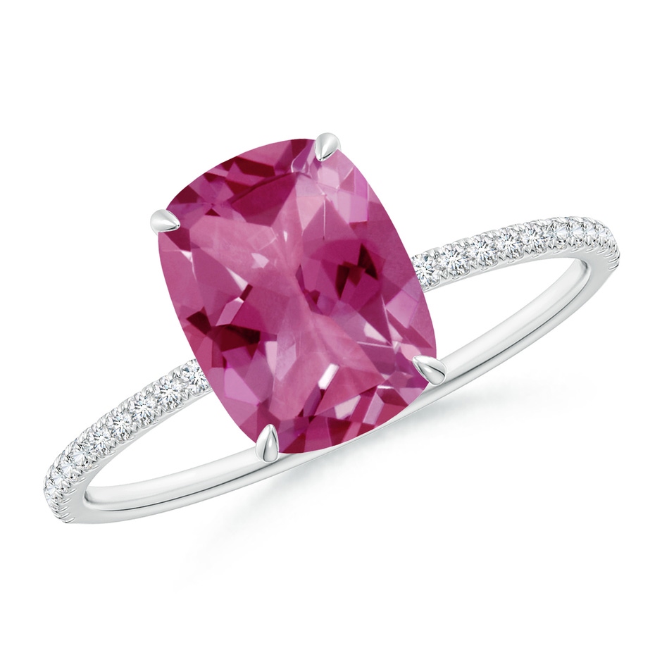 9x7mm AAAA Thin Shank Cushion Cut Pink Tourmaline Ring With Diamond Accents in 18K White Gold 