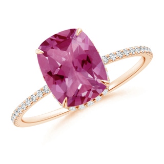 9x7mm AAAA Thin Shank Cushion Cut Pink Tourmaline Ring With Diamond Accents in 9K Rose Gold