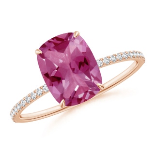 9x7mm AAAA Thin Shank Cushion Cut Pink Tourmaline Ring With Diamond Accents in Rose Gold