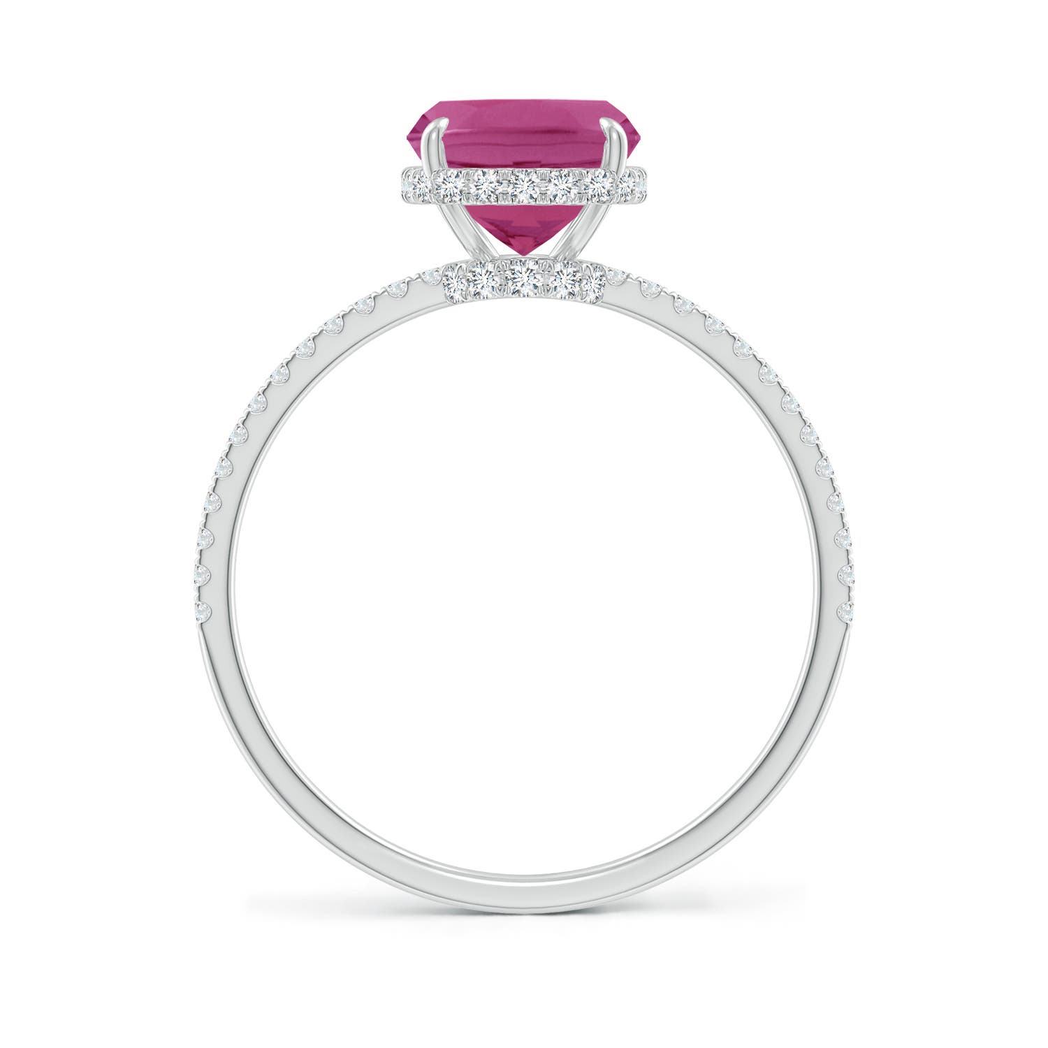 Thin Shank Cushion Cut Pink Tourmaline Ring With Diamond Accents