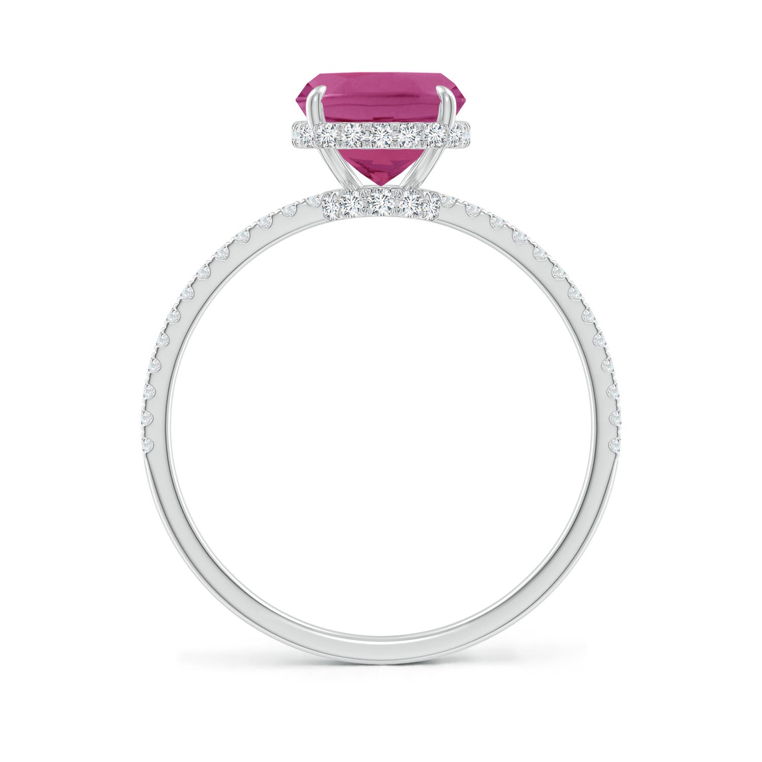 9x7mm AAAA Thin Shank Cushion Cut Pink Tourmaline Ring With Diamond Accents in White Gold - side 3