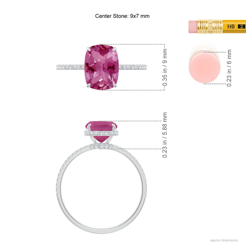 9x7mm AAAA Thin Shank Cushion Cut Pink Tourmaline Ring With Diamond Accents in White Gold Ruler