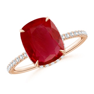 10x8mm AA Thin Shank Cushion Ruby Ring with Diamond Accents in Rose Gold