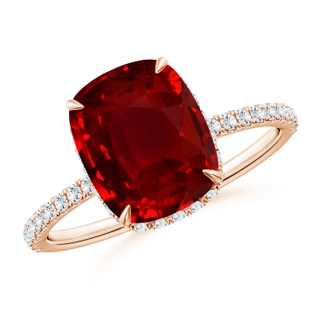 10x8mm AAAA Thin Shank Cushion Ruby Ring with Diamond Accents in Rose Gold