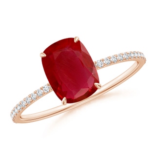 8x6mm AA Thin Shank Cushion Ruby Ring with Diamond Accents in Rose Gold