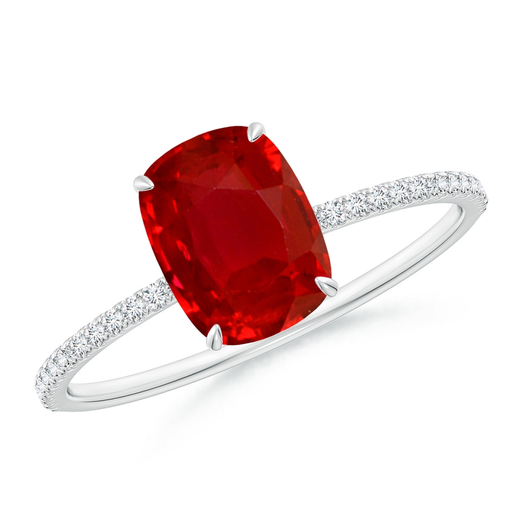 8x6mm AAA Thin Shank Cushion Ruby Ring with Diamond Accents in White Gold 