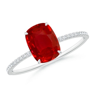 8x6mm AAA Thin Shank Cushion Ruby Ring with Diamond Accents in White Gold