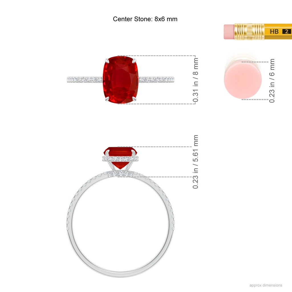 8x6mm AAA Thin Shank Cushion Ruby Ring with Diamond Accents in White Gold ruler