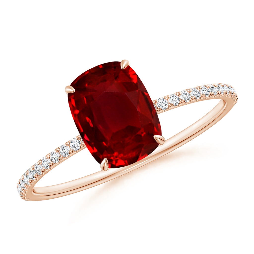 8x6mm AAAA Thin Shank Cushion Ruby Ring with Diamond Accents in Rose Gold