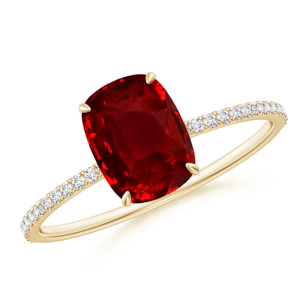 8x6mm AAAA Thin Shank Cushion Ruby Ring with Diamond Accents in Yellow Gold