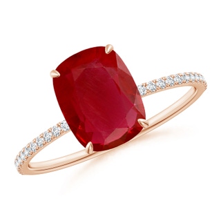 9x7mm AA Thin Shank Cushion Ruby Ring with Diamond Accents in Rose Gold