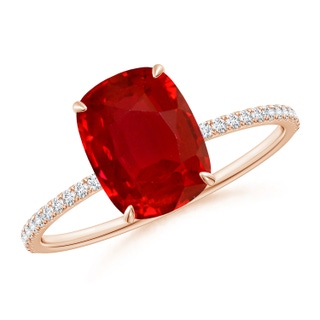 9x7mm AAA Thin Shank Cushion Ruby Ring with Diamond Accents in Rose Gold