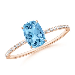 7x5mm A Thin Shank Cushion Swiss Blue Topaz Ring With Diamond Accents in Rose Gold