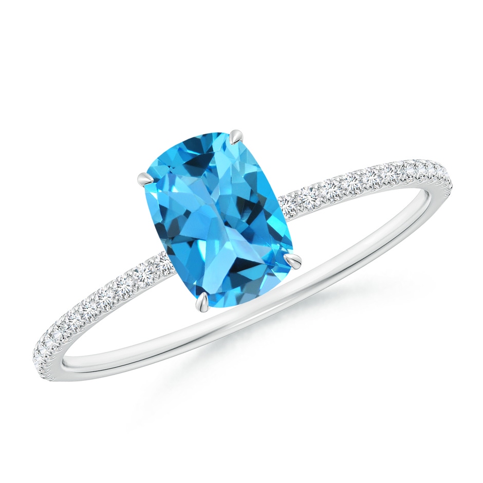 7x5mm AAA Thin Shank Cushion Swiss Blue Topaz Ring With Diamond Accents in White Gold 