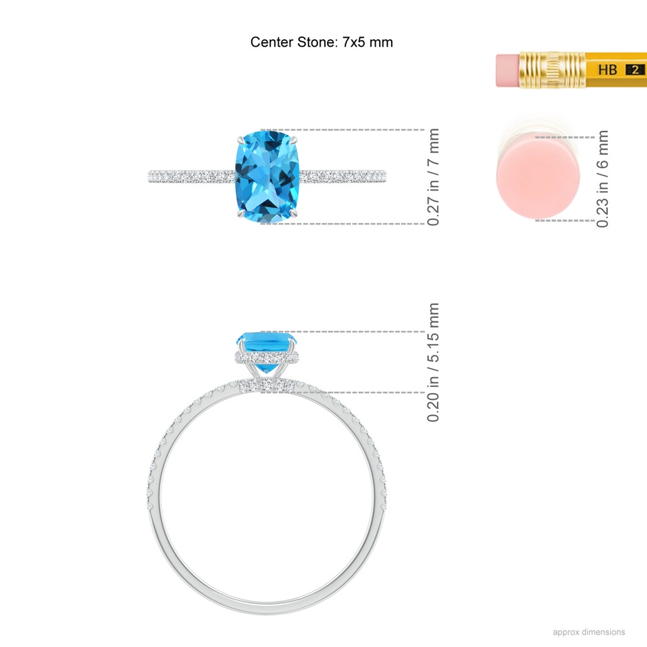 7x5mm AAA Thin Shank Cushion Swiss Blue Topaz Ring With Diamond Accents in White Gold ruler