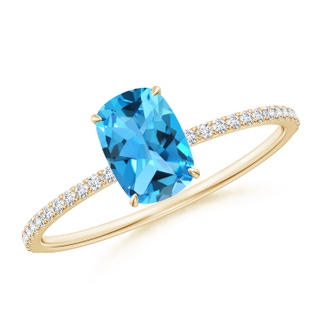 7x5mm AAA Thin Shank Cushion Swiss Blue Topaz Ring With Diamond Accents in Yellow Gold