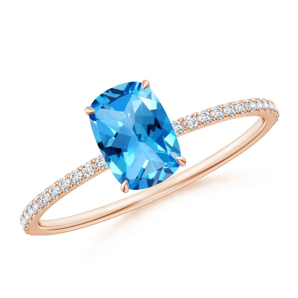 7x5mm AAAA Thin Shank Cushion Swiss Blue Topaz Ring With Diamond Accents in Rose Gold