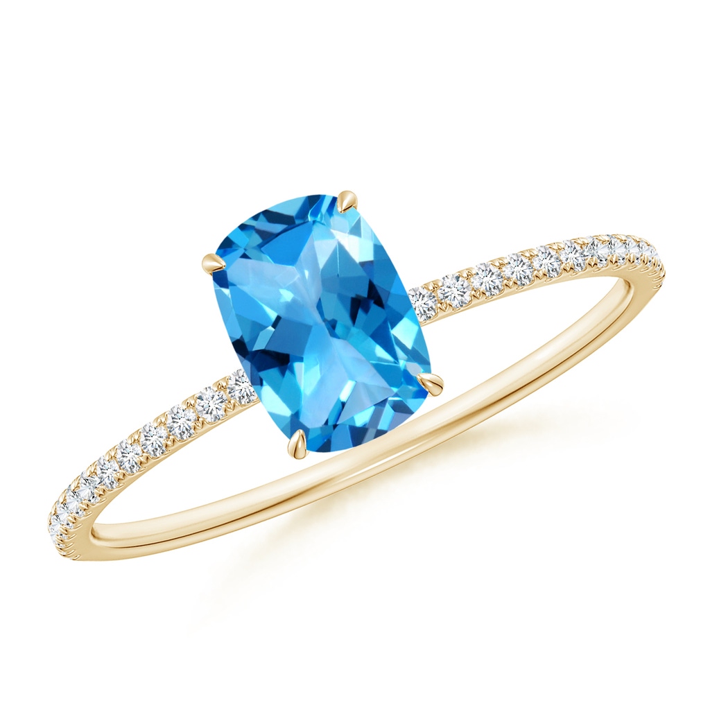 7x5mm AAAA Thin Shank Cushion Swiss Blue Topaz Ring With Diamond Accents in Yellow Gold