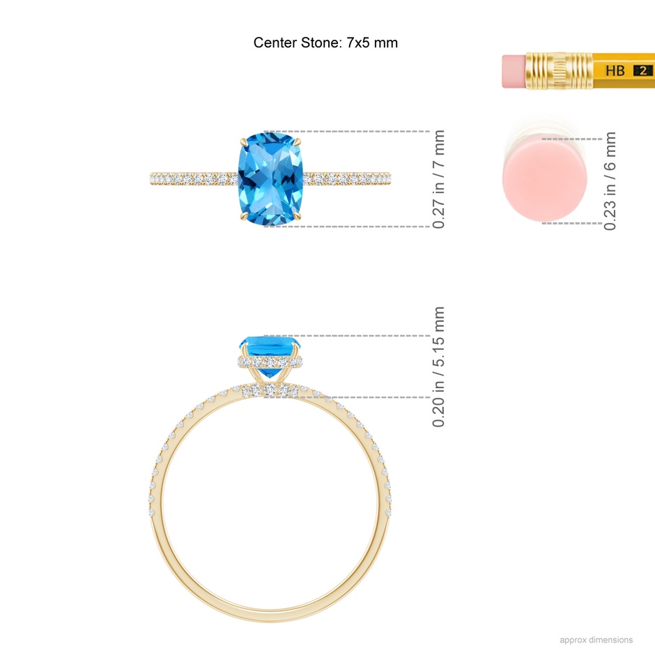 7x5mm AAAA Thin Shank Cushion Swiss Blue Topaz Ring With Diamond Accents in Yellow Gold ruler