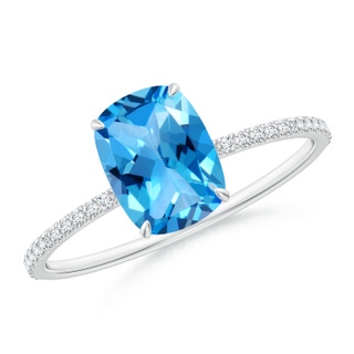 8x6mm AAAA Thin Shank Cushion Swiss Blue Topaz Ring With Diamond Accents in White Gold