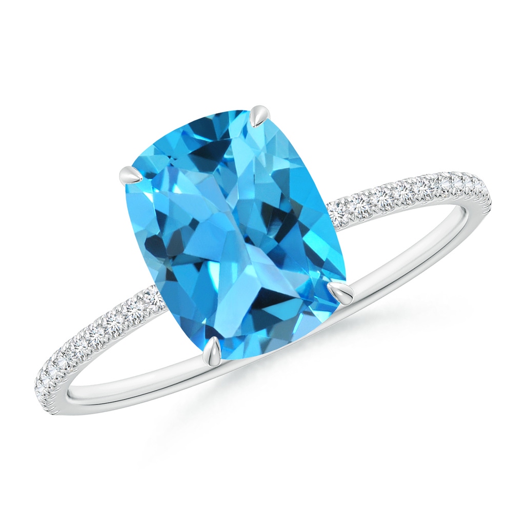 9x7mm AAA Thin Shank Cushion Swiss Blue Topaz Ring With Diamond Accents in White Gold