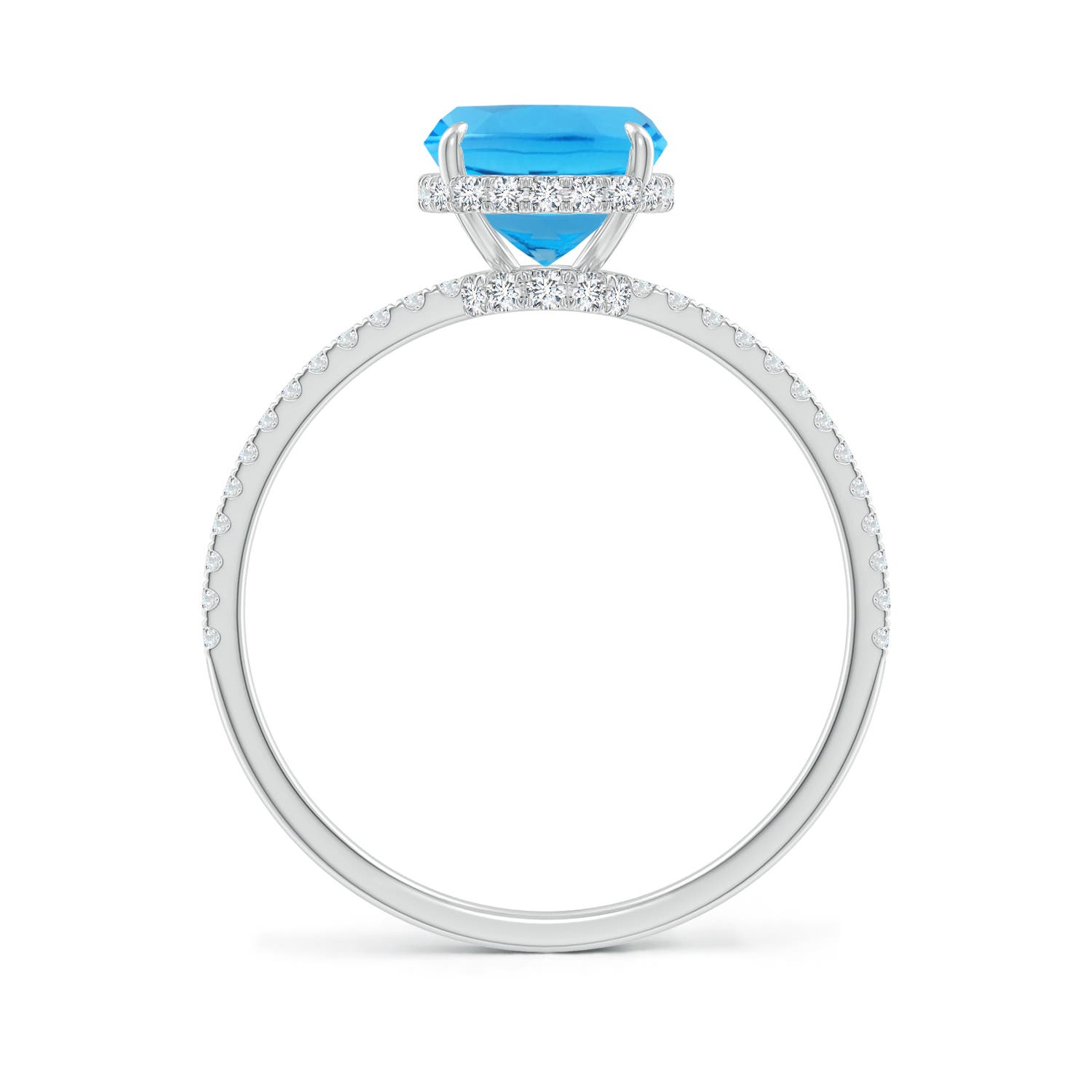 9x7mm AAA Thin Shank Cushion Swiss Blue Topaz Ring With Diamond Accents in White Gold