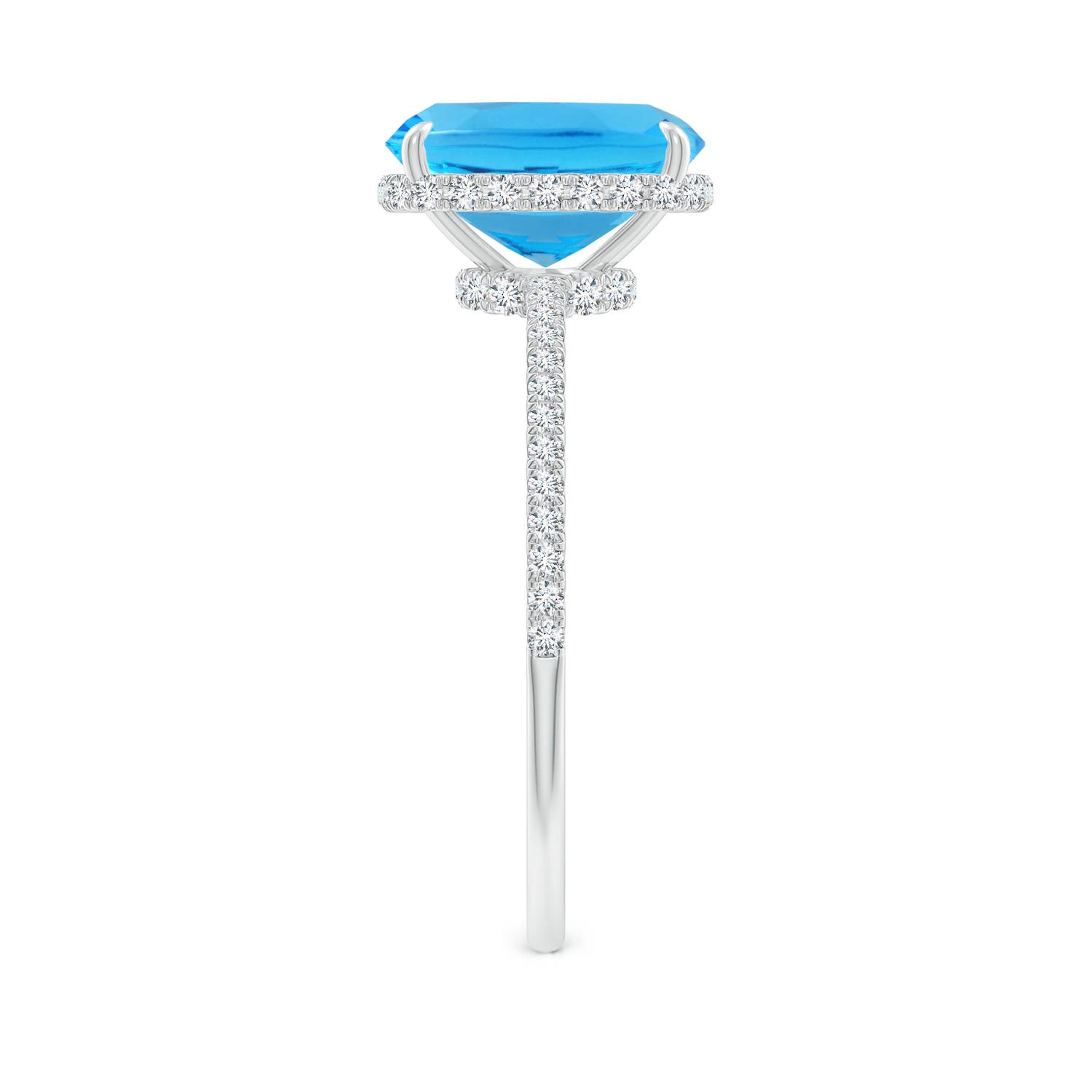 9x7mm AAA Thin Shank Cushion Swiss Blue Topaz Ring With Diamond Accents in White Gold - side 5