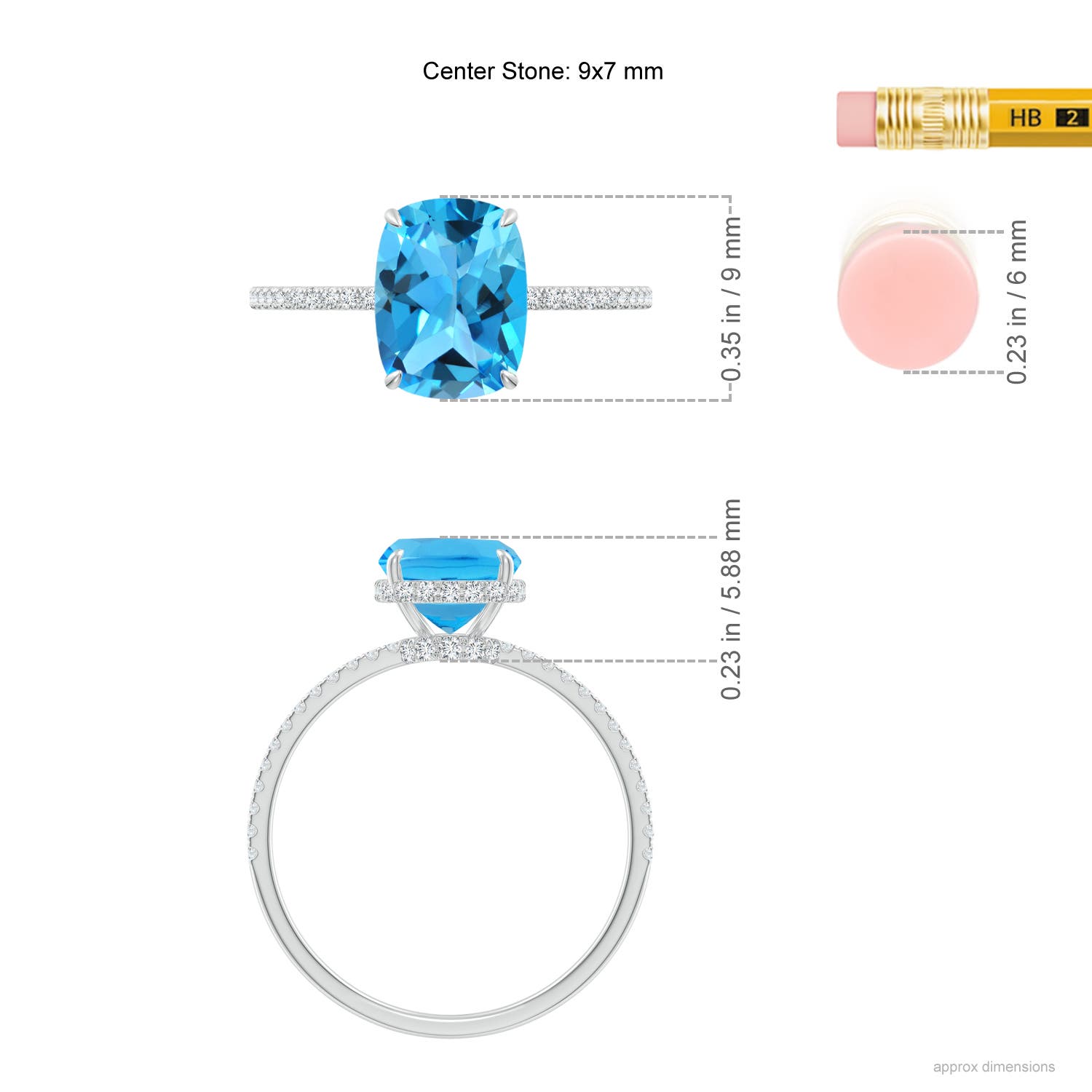 9x7mm AAA Thin Shank Cushion Swiss Blue Topaz Ring With Diamond Accents in White Gold - ruler