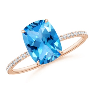 9x7mm AAAA Thin Shank Cushion Swiss Blue Topaz Ring With Diamond Accents in 18K Rose Gold