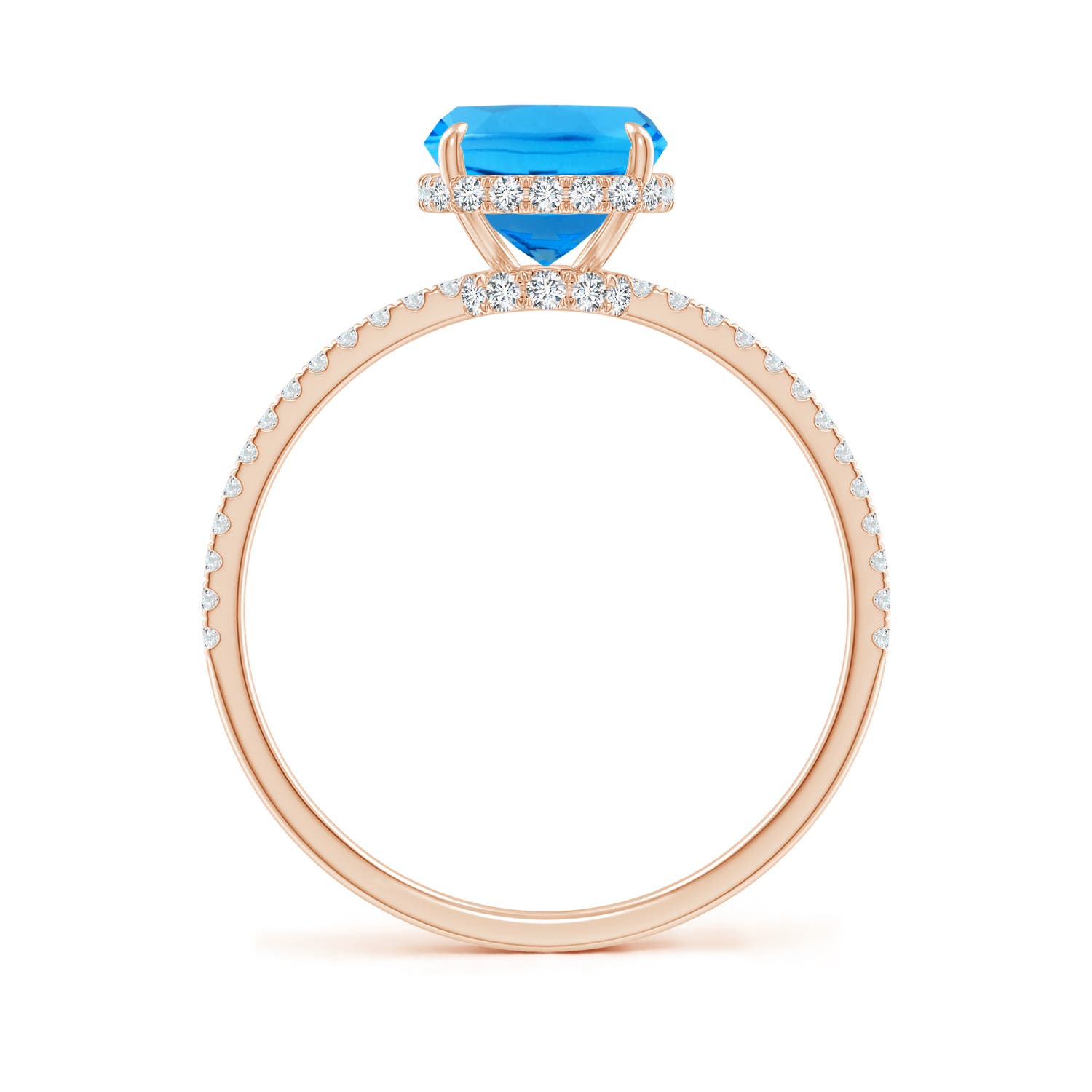 9x7mm AAAA Thin Shank Cushion Swiss Blue Topaz Ring With Diamond Accents in 18K Rose Gold